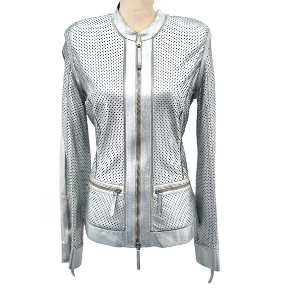 ROBERTO CAVALLI SILVER PERFORATED LEATHER FITTED FULL ZIP JACKET - WAS ALTERED - Picture 1 of 16